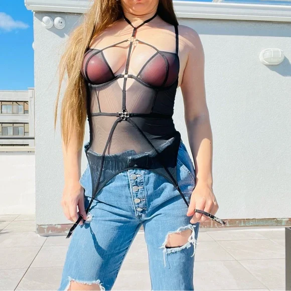Bodysuit with Garters Kink Straps Nylon Mesh Women’s Underwear M